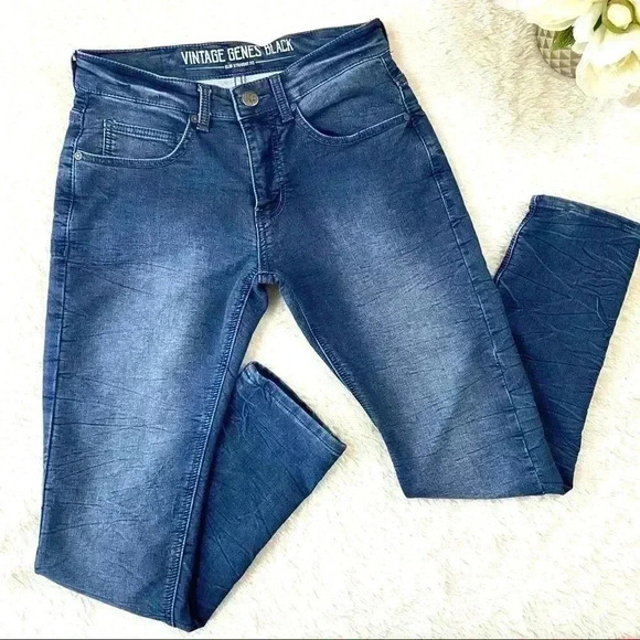 Vintage Genes Black Slim Straight Webbed Faded Dark Wash Jeans (28X30) - Picture 8 of 13